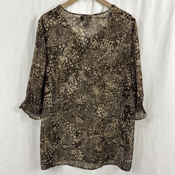 Maggie Barnes Brown Cream Animal Print Sheer Studded Top Size 0X 16W Boho - Picture 2 of 13